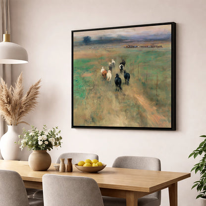 Following the Herd wild horses wall art displayed in a dining room