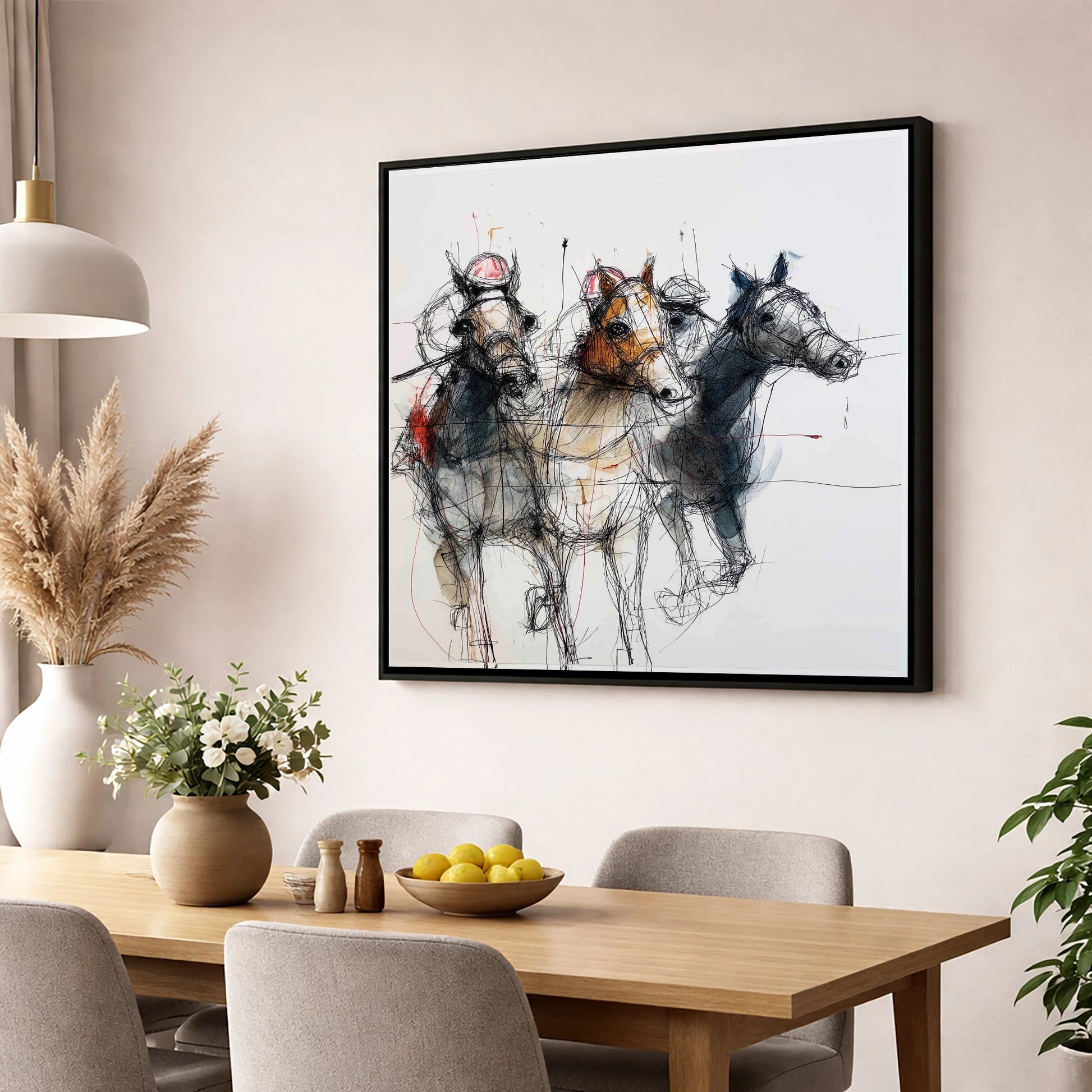 The Leading Pack racing horse wall art displayed in a dining room