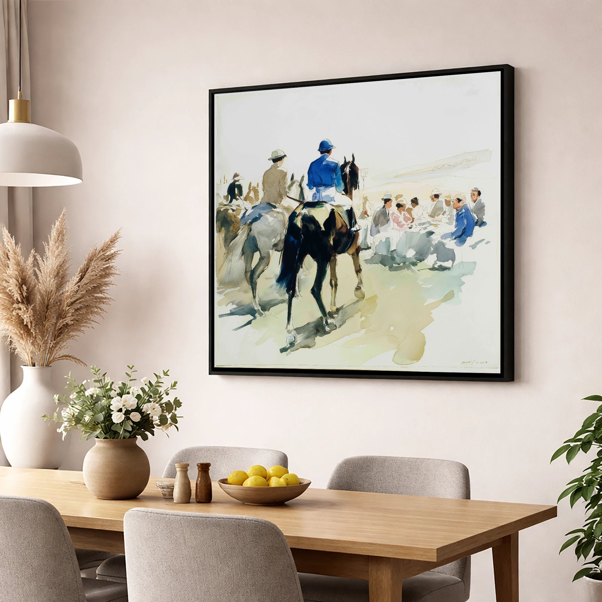 Heading to the Start racing horse wall art displayed in a dining room