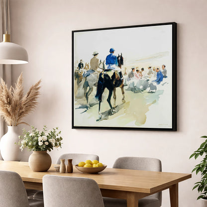 Heading to the Start racing horse wall art displayed in a dining room