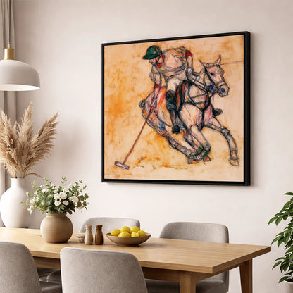 The Decisive Strike polo horse wall art displayed in a dining room