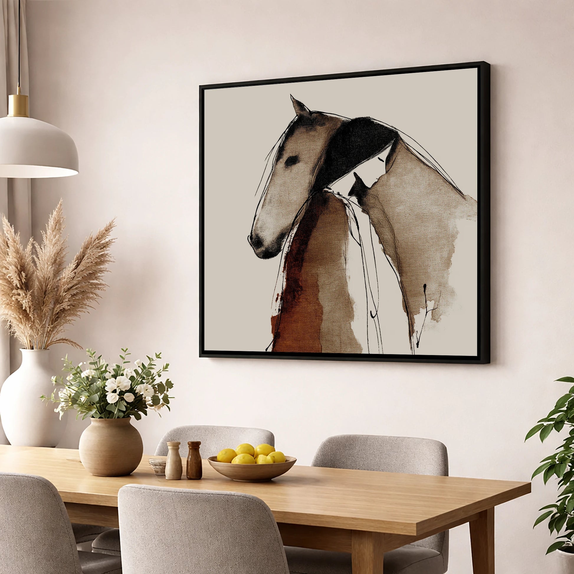The Unspoken Bond horse & rider wall art displayed in a dining room