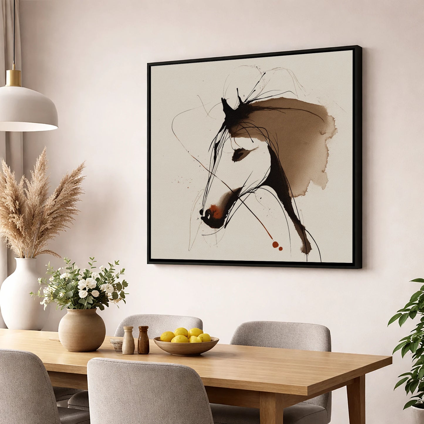 Fluid Sepia Equine Profile horse portrait wall art displayed in a dining room