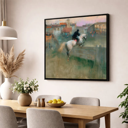 Over the Village Timber show jumping horse wall art displayed in a dining room