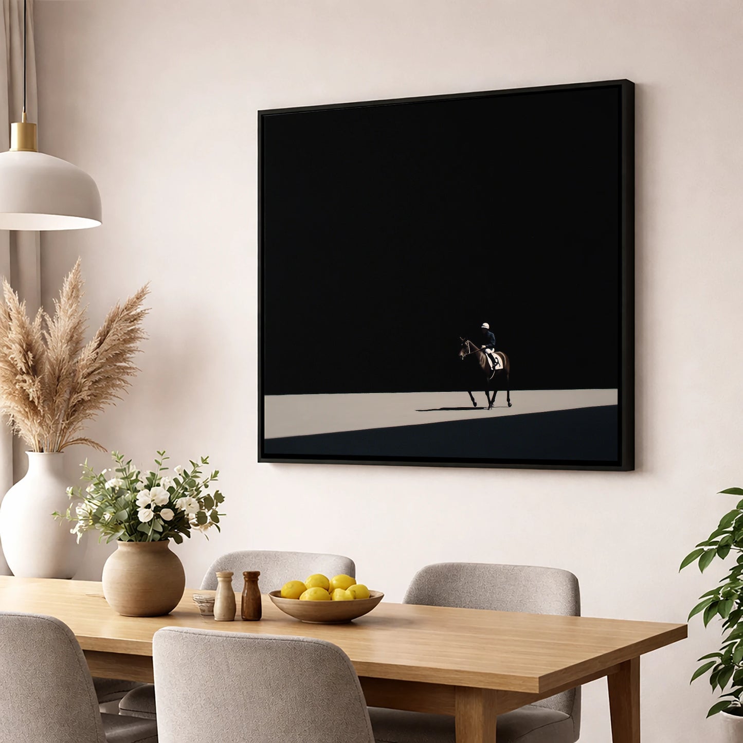 Out of the Shadows racing horse wall art displayed in a dining room