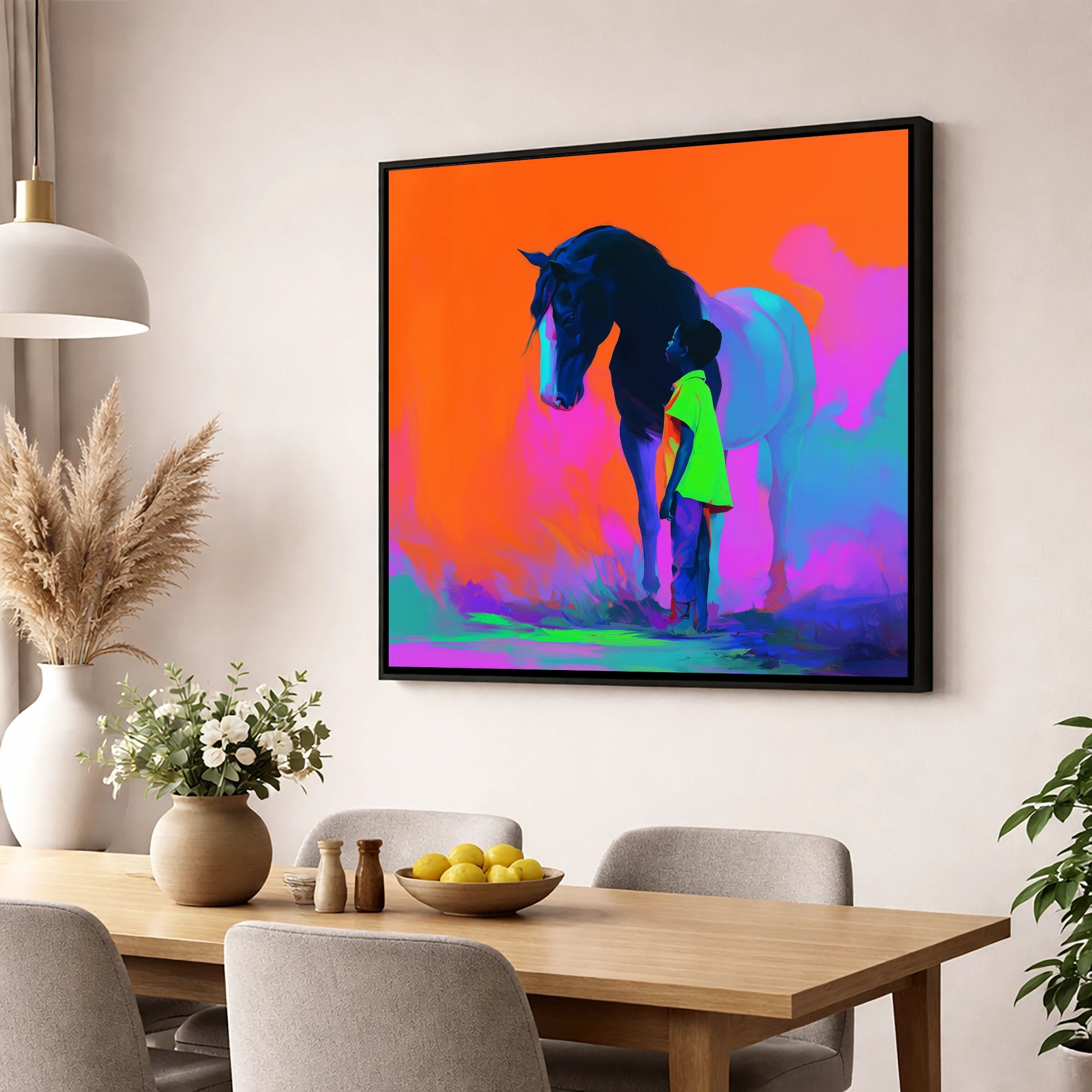Electric Bond horse & rider wall art displayed in a dining room
