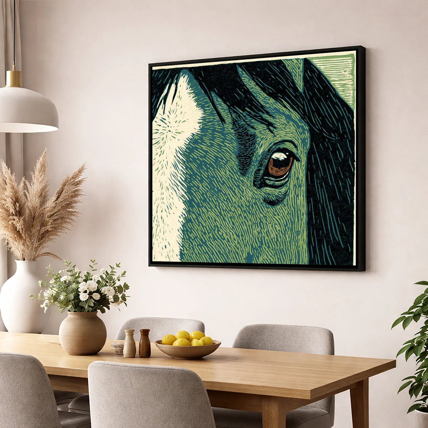 The Watchful Gaze horse portrait wall art displayed in a dining room