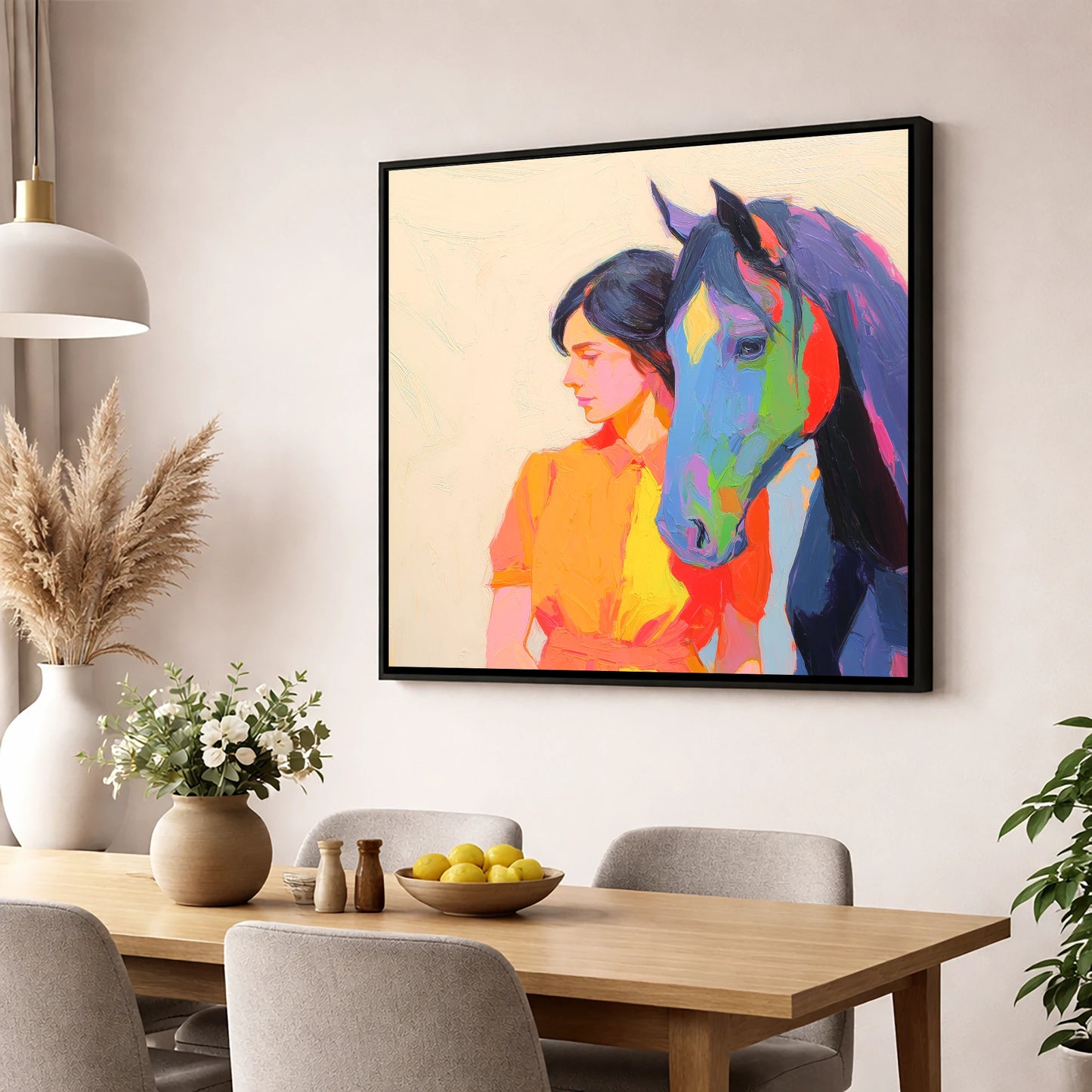 Vivid Companion horse & rider wall art displayed in a dining room