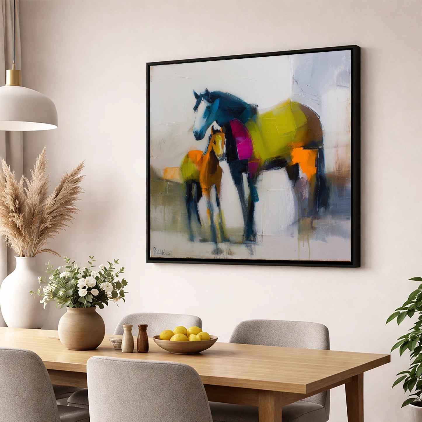 Vibrant Bond mare & foal wall art displayed in a dining room