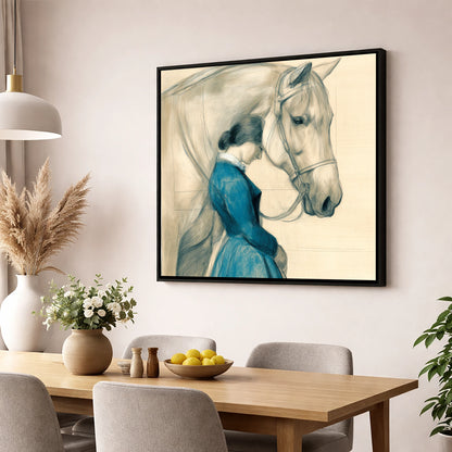 Solace in Stillness horse & rider wall art displayed in a dining room