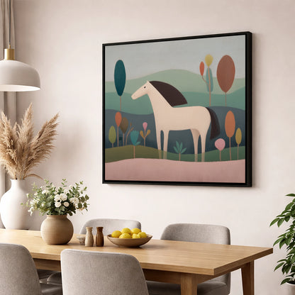 Tranquil Meadow Grey horse breed wall art displayed in a dining room