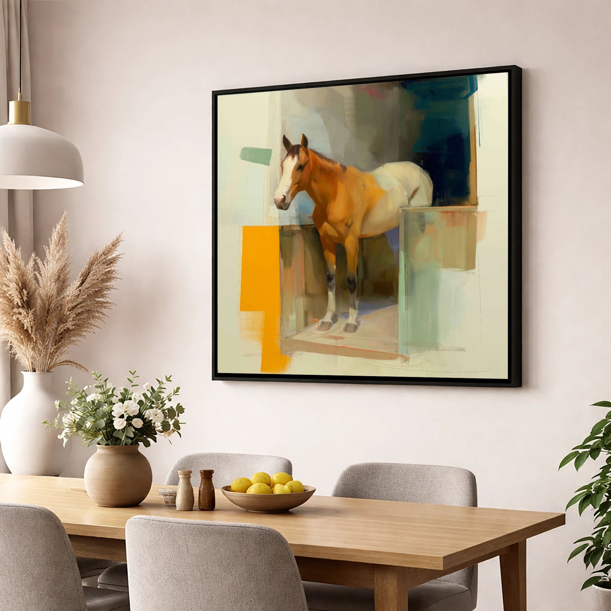 Vibrant Stable Doorway horse stable wall art displayed in a dining room