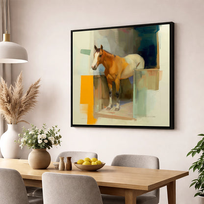 Vibrant Stable Doorway horse stable wall art displayed in a dining room