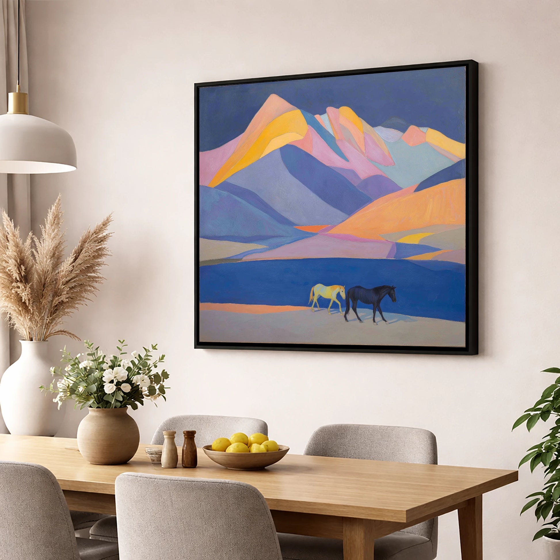 High Mountain Spirits horse landscape wall art displayed in a dining room
