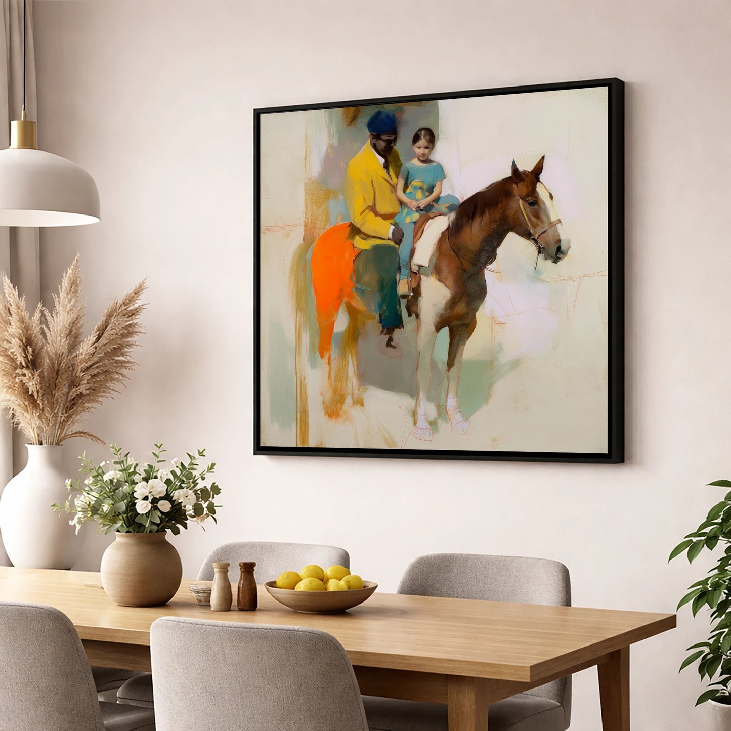 Shared Journey horse & rider wall art displayed in a dining room