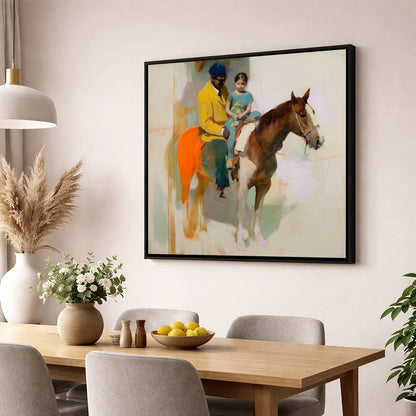 Shared Journey horse & rider wall art displayed in a dining room