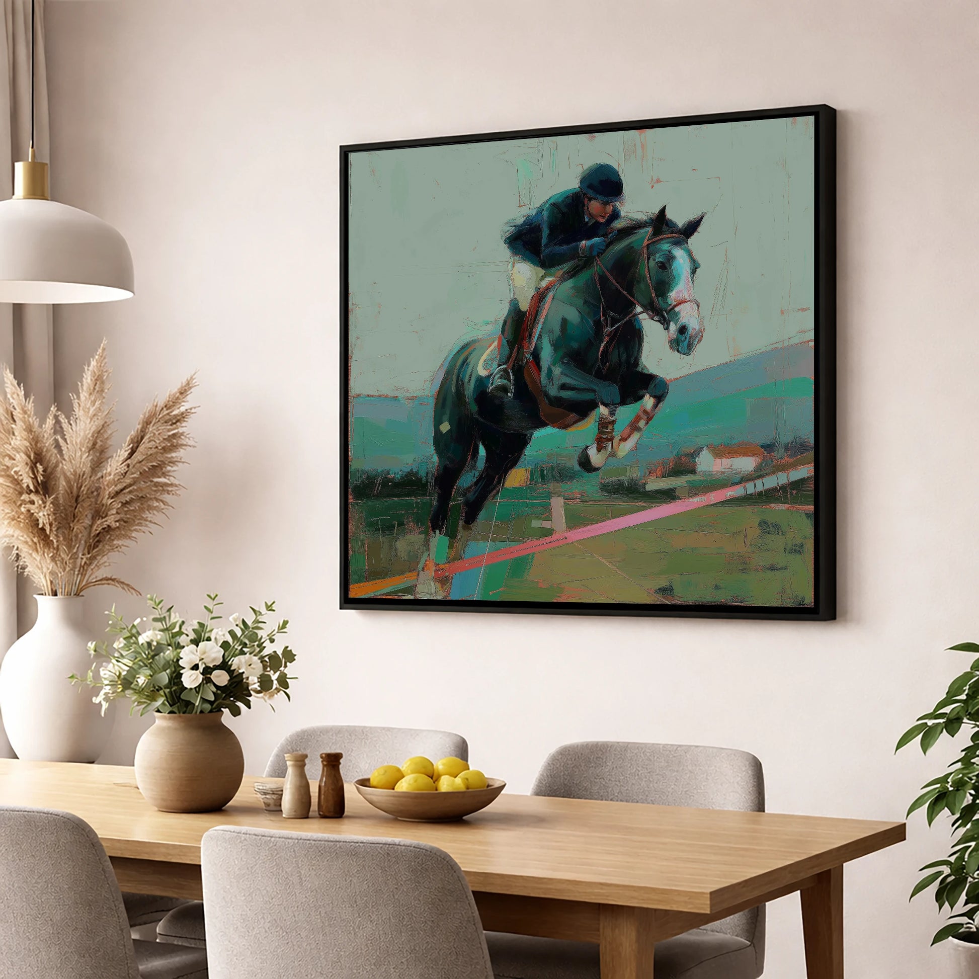 Midnight Flight show jumping horse wall art displayed in a dining room