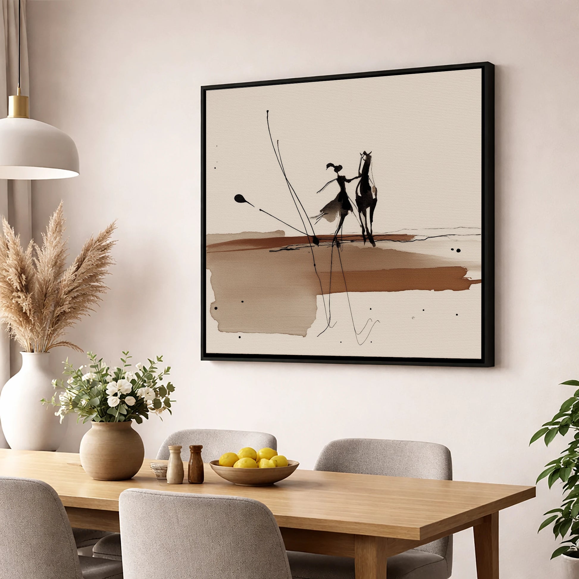 Fluid Harmony horse & rider wall art displayed in a dining room