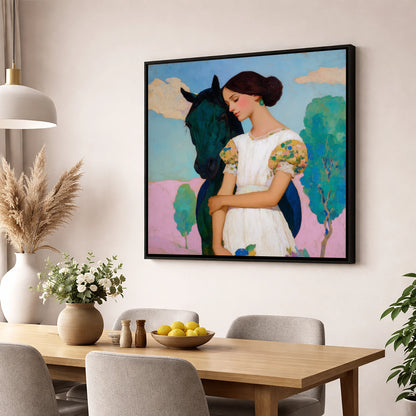 Quiet Colourful Bond horse & rider wall art displayed in a dining room
