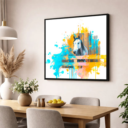 The Inquisitive Grey horse stable wall art displayed in a dining room