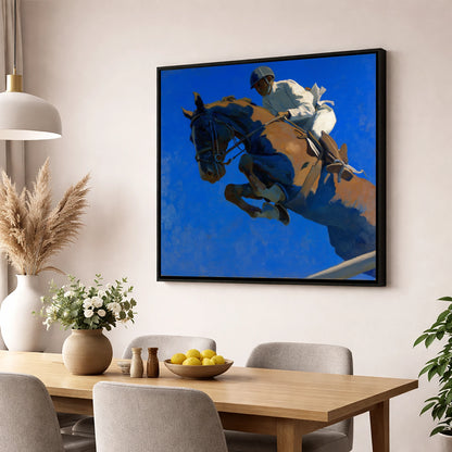 Skyward Bound show jumping horse wall art displayed in a dining room
