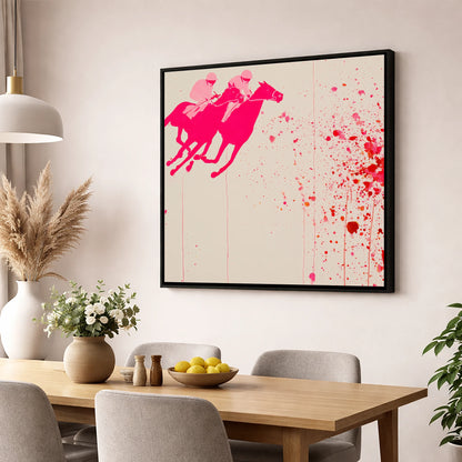 Vibrant Photo Finish racing horse wall art displayed in a dining room