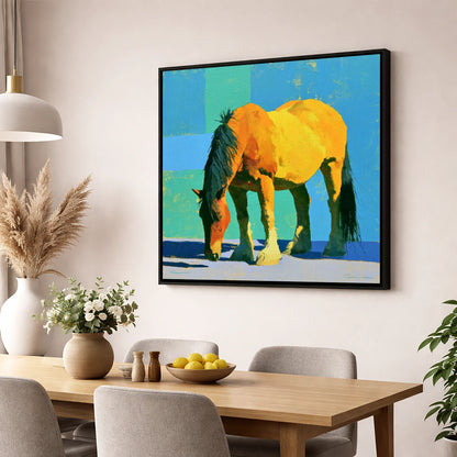 Vibrant Yellow Grazing Cob horse breed wall art displayed in a dining room