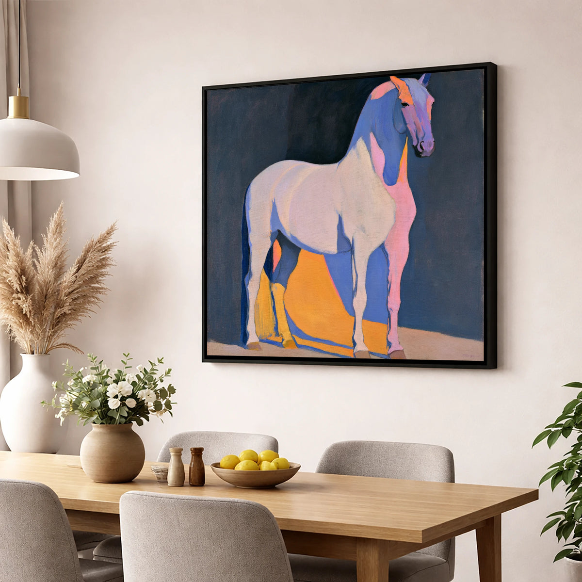 Modern Abstract Painted Grey Horse horse breed wall art displayed in a dining room