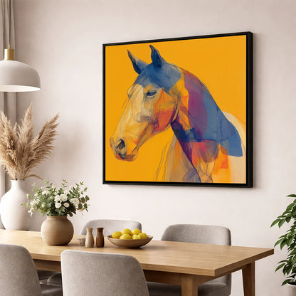 Contemporary Cobalt Equine horse portrait wall art displayed in a dining room
