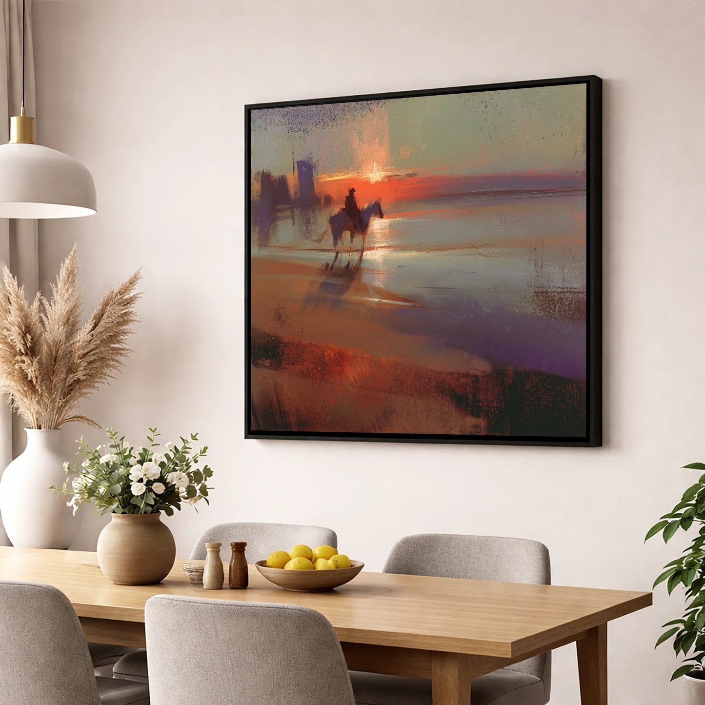 Crimson Horizon Ride horse landscape wall art displayed in a dining room