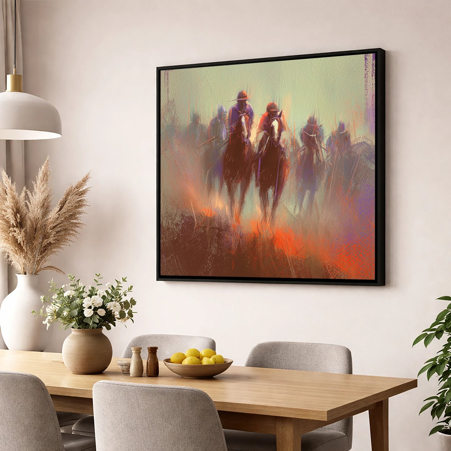 The Dawn Gallop racing horse wall art displayed in a dining room