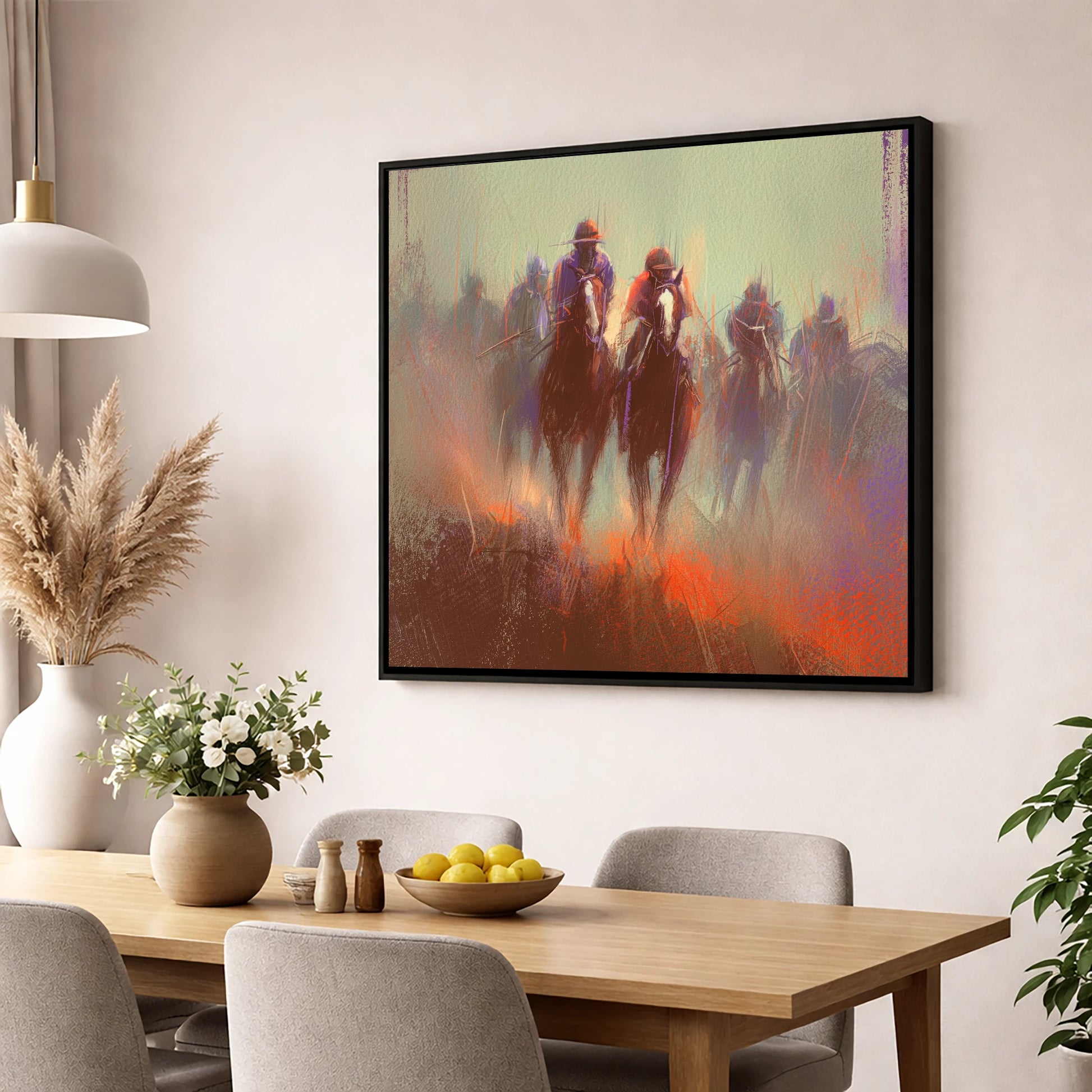 The Dawn Gallop racing horse wall art displayed in a dining room