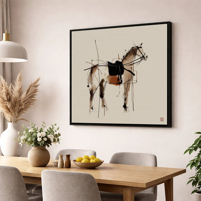 Saddled Equine Silhouette horse portrait wall art displayed in a dining room