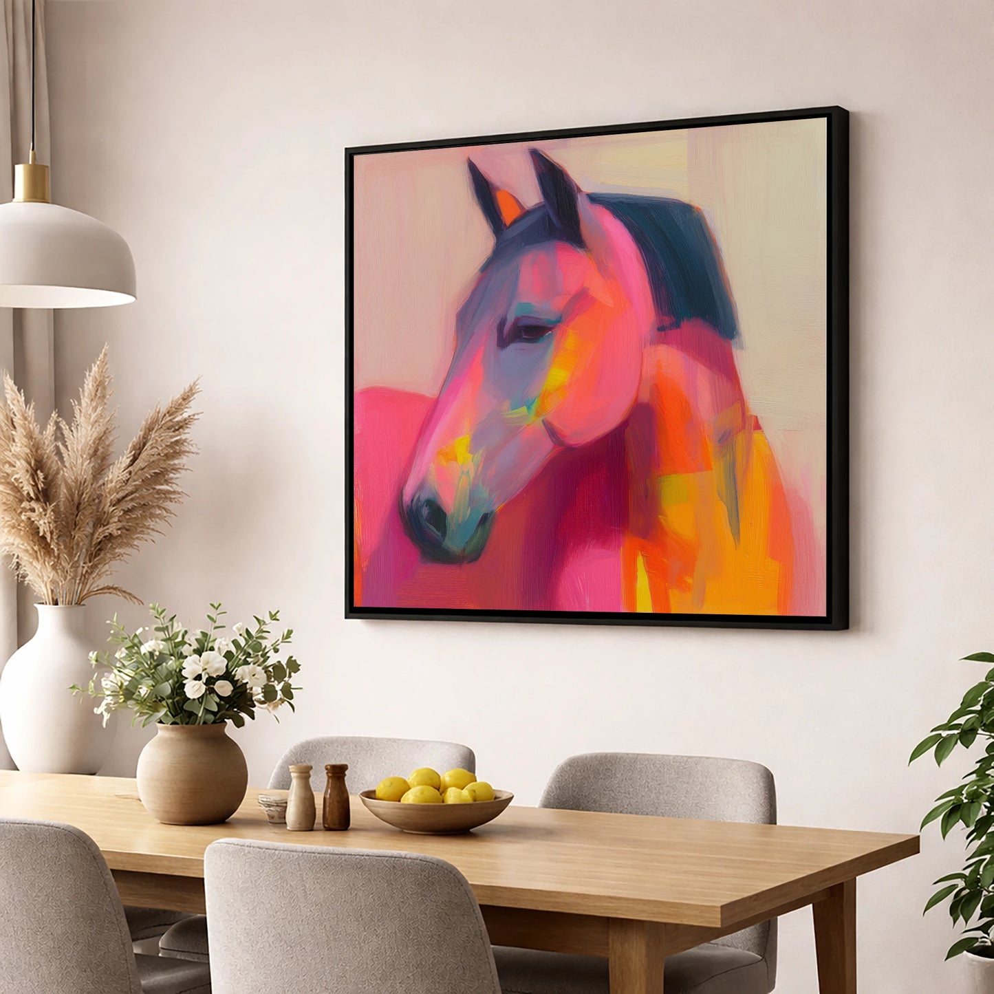 Painted Passion horse portrait wall art displayed in a dining room
