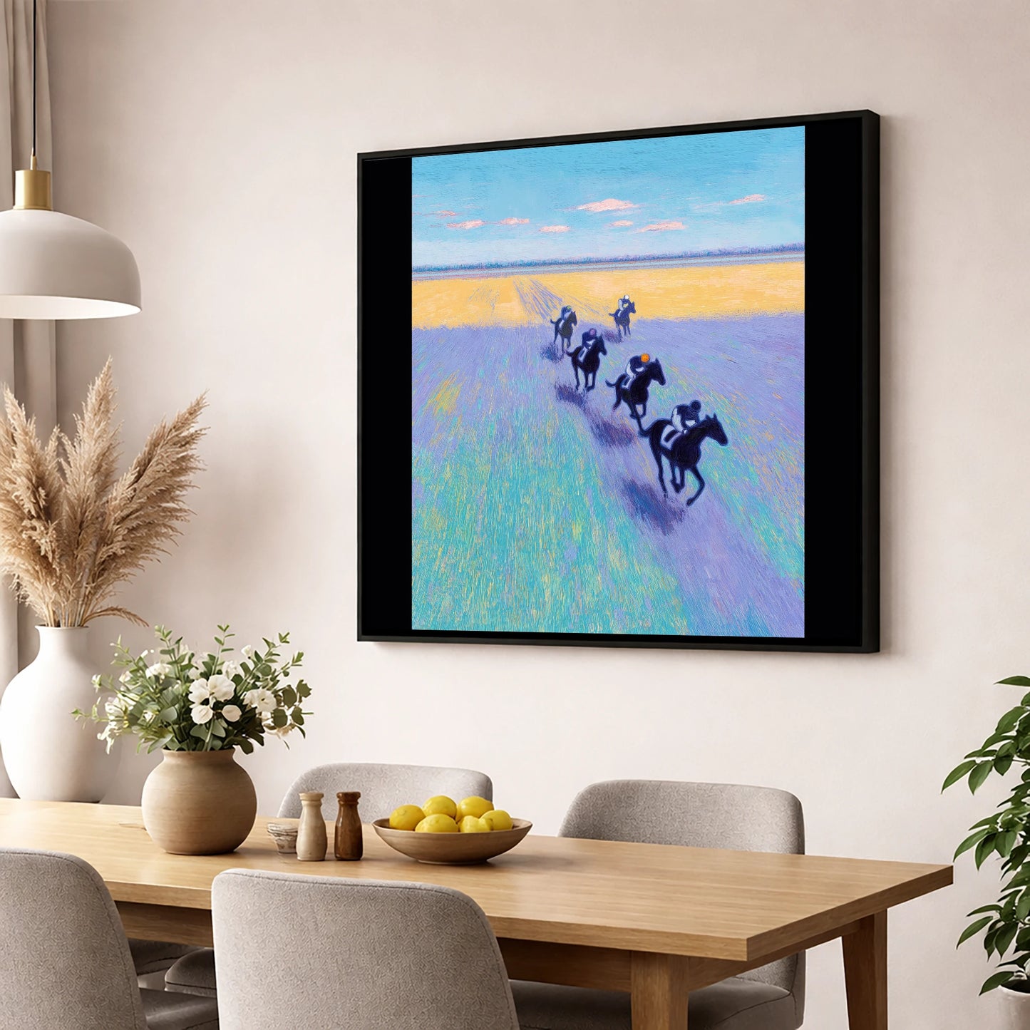 The Morning String racing horse wall art displayed in a dining room