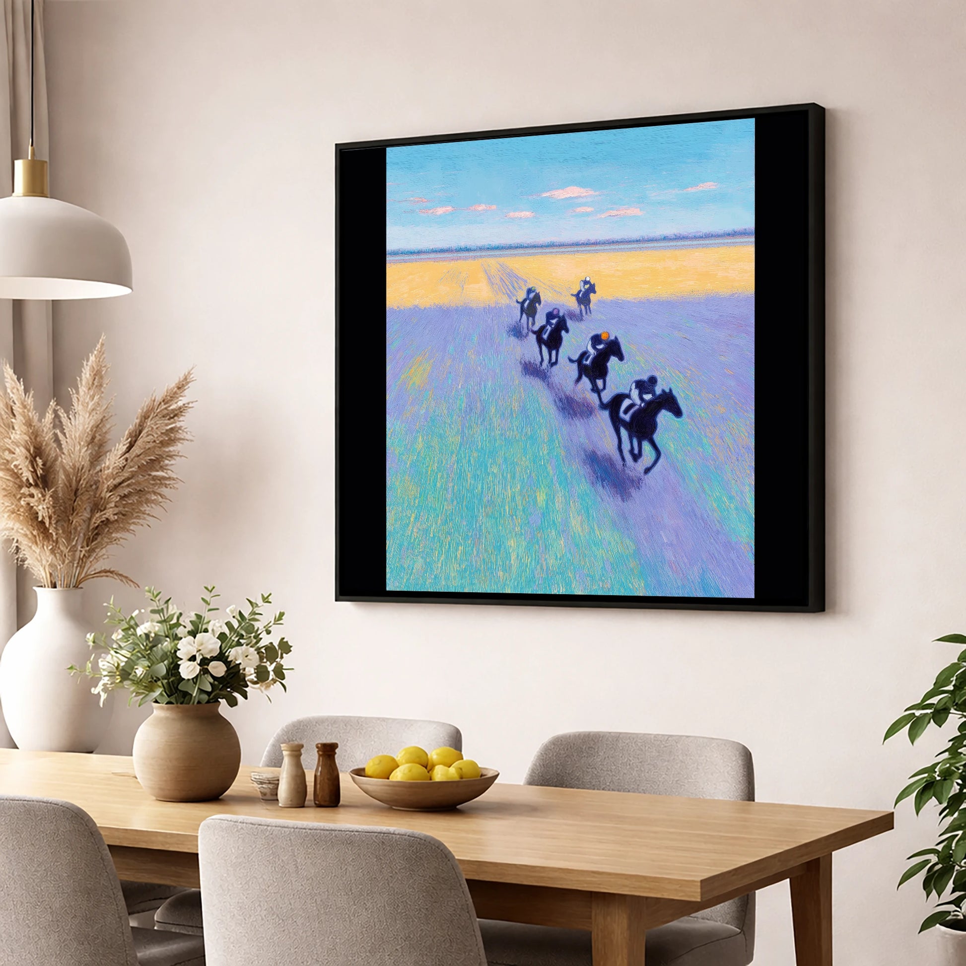 The Morning String racing horse wall art displayed in a dining room