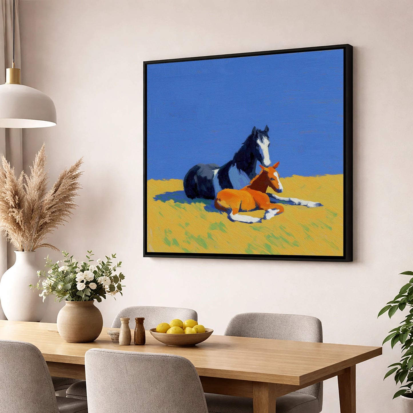 Sun-Drenched Bond mare & foal wall art displayed in a dining room