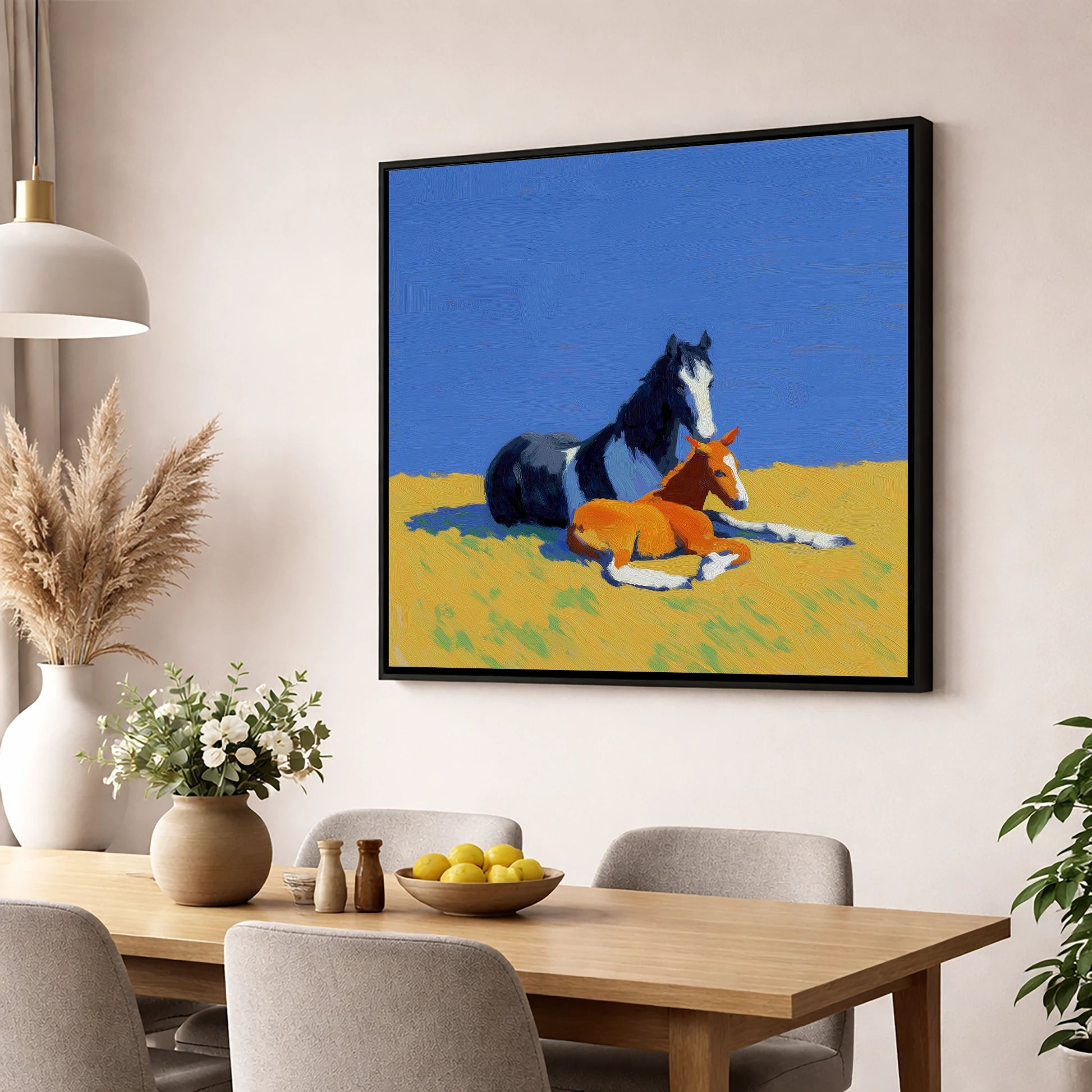 Sun-Drenched Bond mare & foal wall art displayed in a dining room