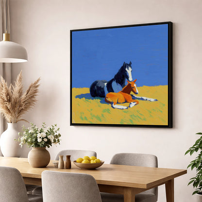 Sun-Drenched Bond mare & foal wall art displayed in a dining room