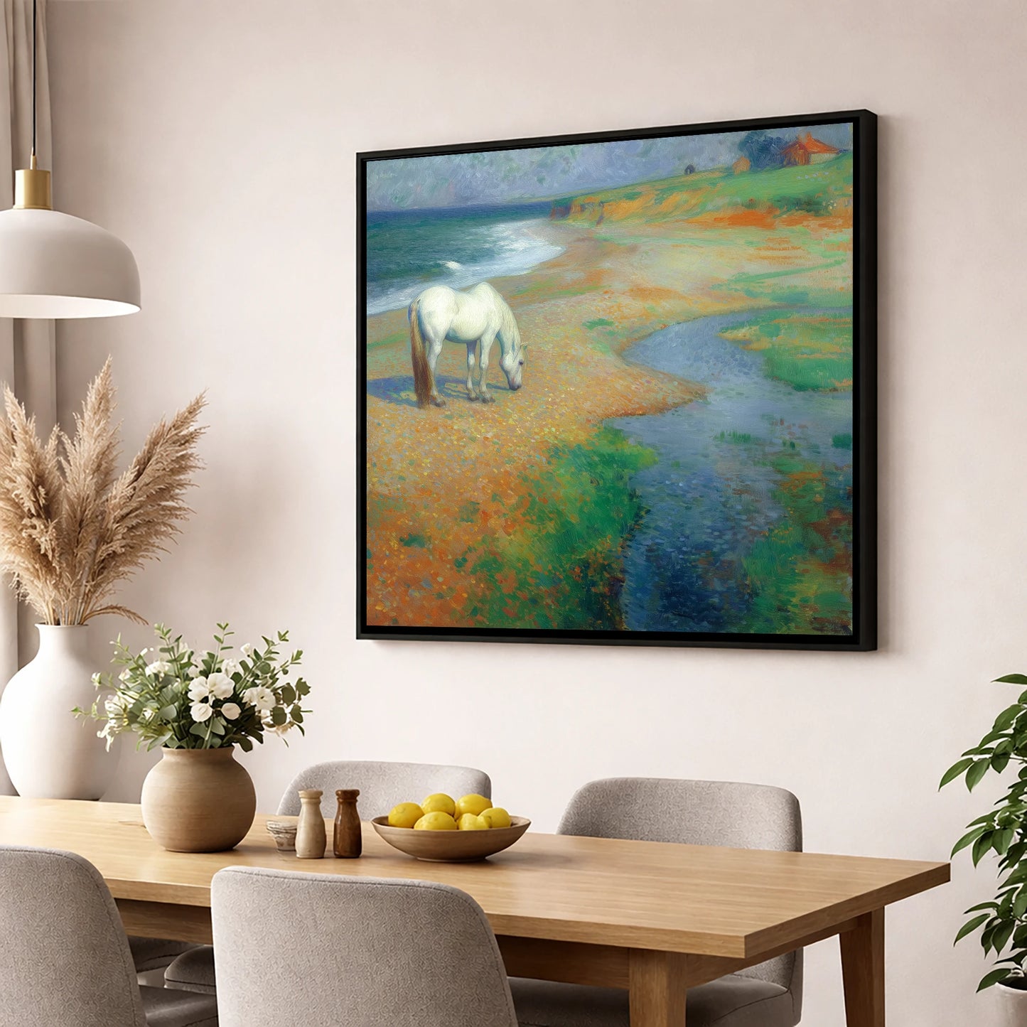 Vibrant Coastal Grazing horse landscape wall art displayed in a dining room