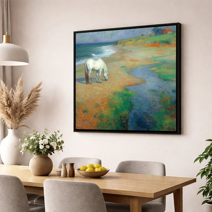 Vibrant Coastal Grazing horse landscape wall art displayed in a dining room
