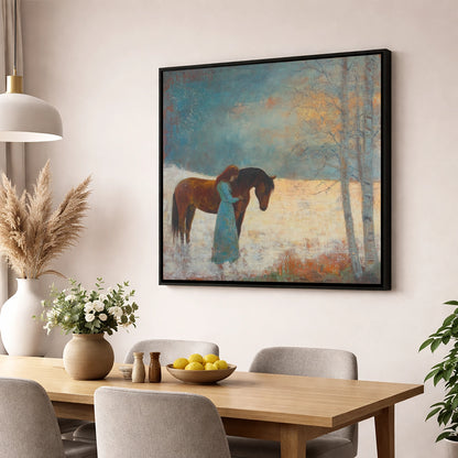 Whispers In Winter horse & rider wall art displayed in a dining room