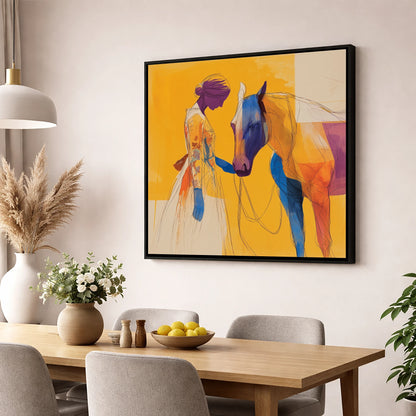 Vibrant Connection horse & rider wall art displayed in a dining room