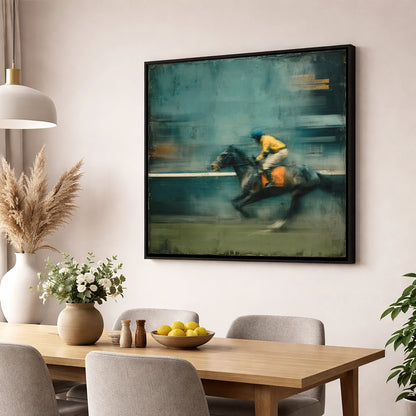 The Blue Furlong racing horse wall art displayed in a dining room