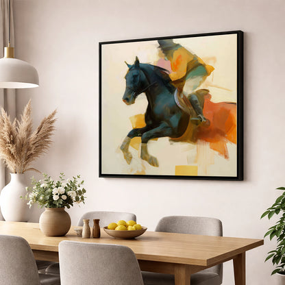 Kinetic Leap show jumping horse wall art displayed in a dining room