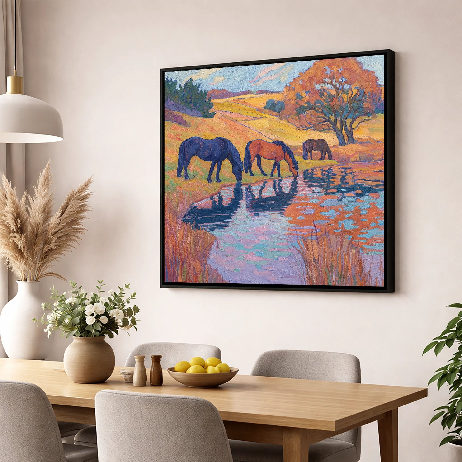 Painted Pasture Reflections horse landscape wall art displayed in a dining room