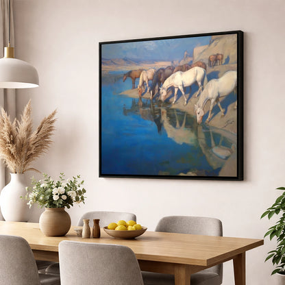 Oasis Reflections wild horses wall art displayed in a dining room