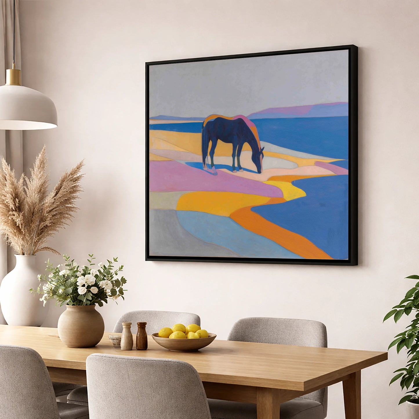 Vivid Equine Horizon horse landscape wall art displayed in a dining room