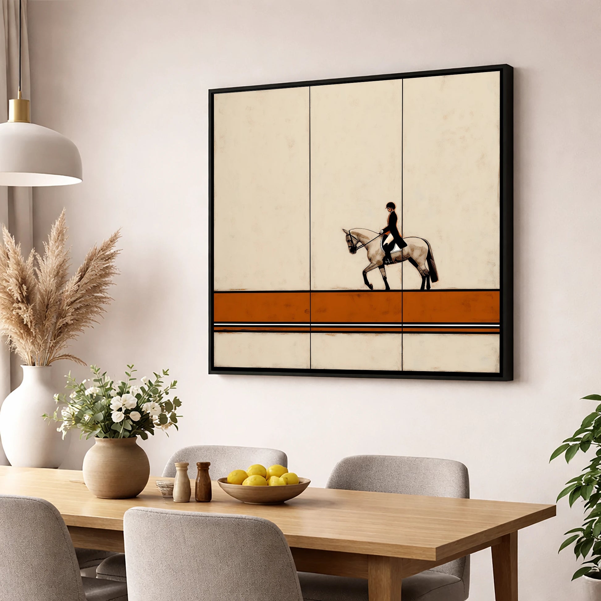 Modern Dressage Silhouette dressage horse wall art displayed in a dining room