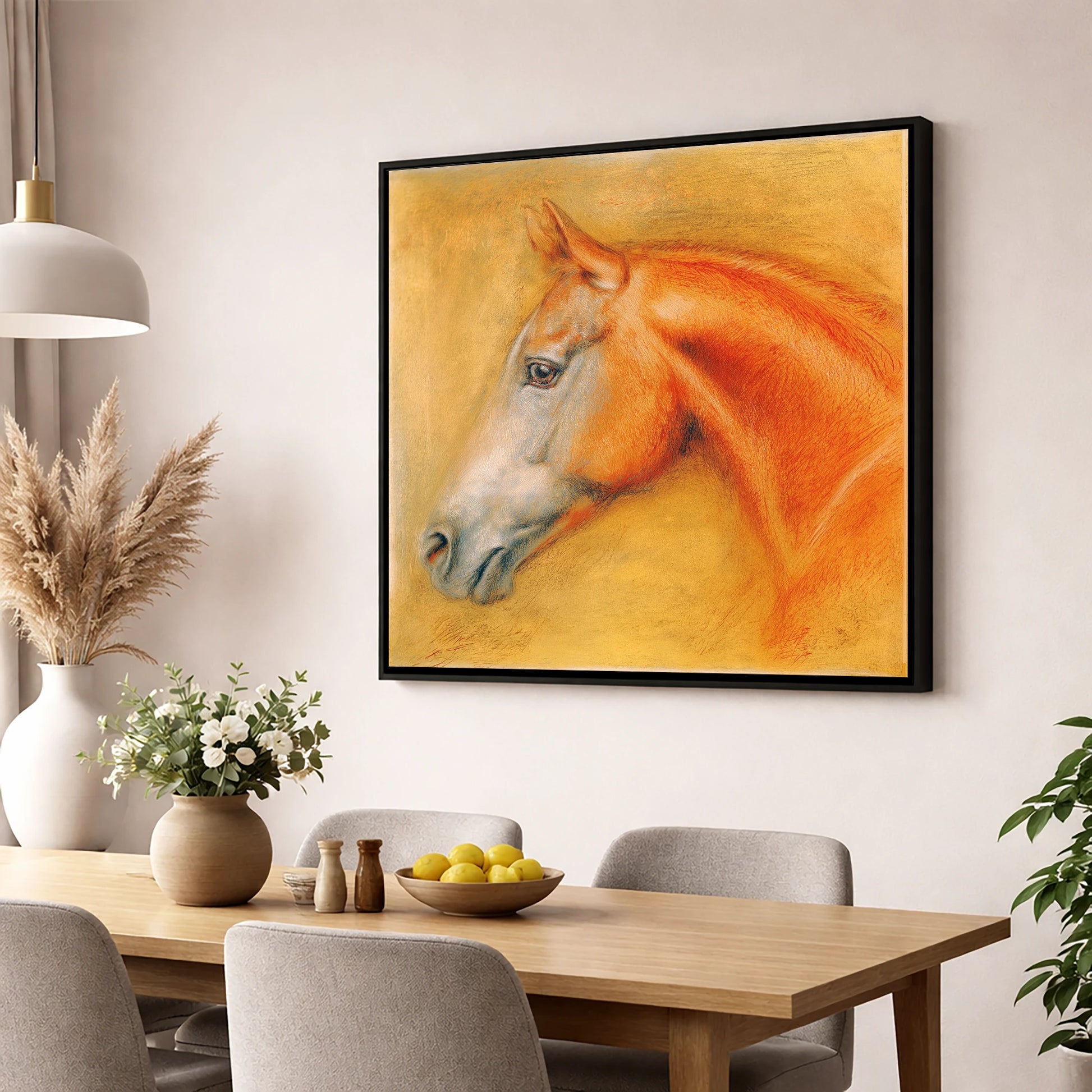 Radiant Chestnut Profile racing horse wall art displayed in a dining room